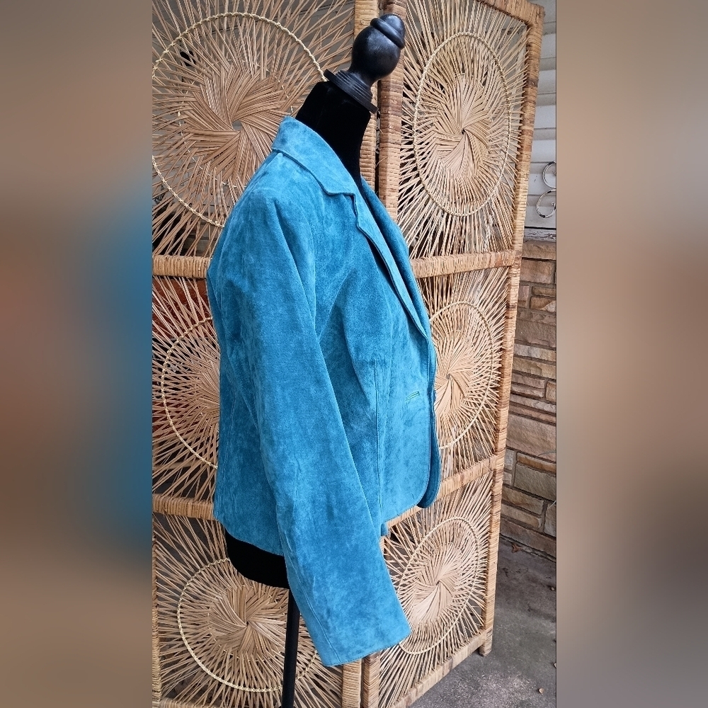 Vintage Metro Style Teal Suede Leather Women's Jacket_10 - Picture 3 of 5